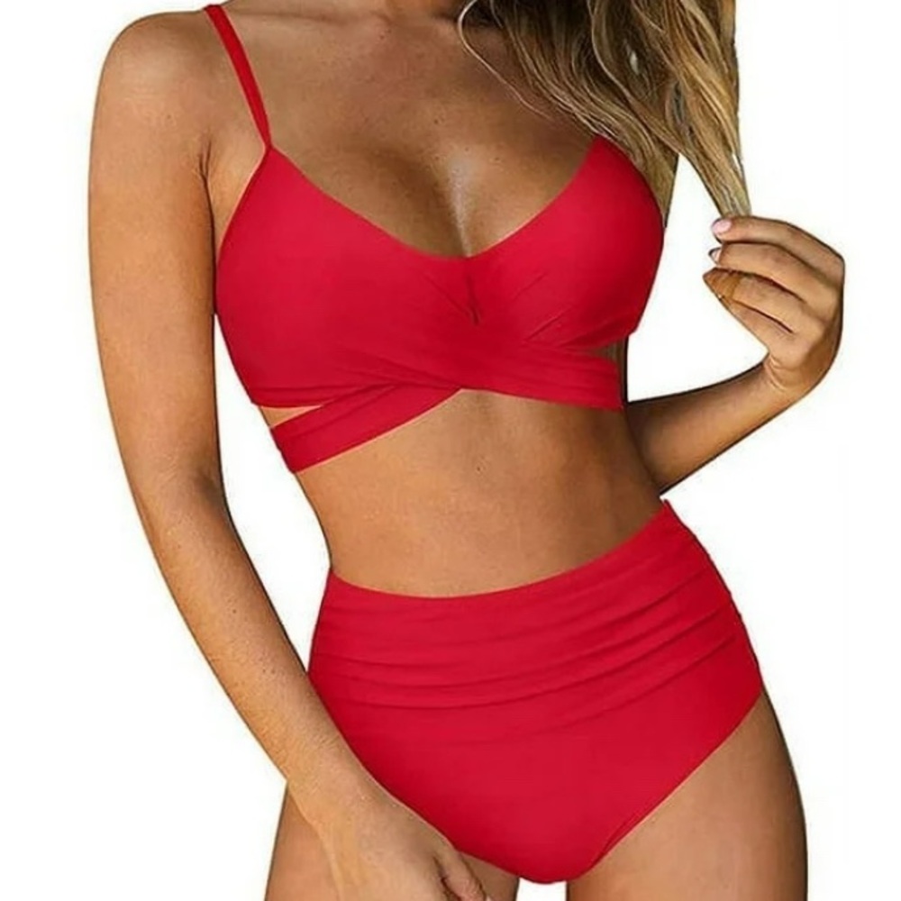 RUUHEE Women Sexy Bikini Sets Criss Cross High Waisted Push up Red Size Large